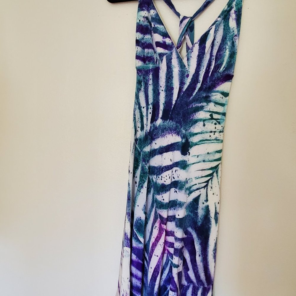 Silk Short midi halter Dress 2 4 bridesmaid party white beach vacation palms XS